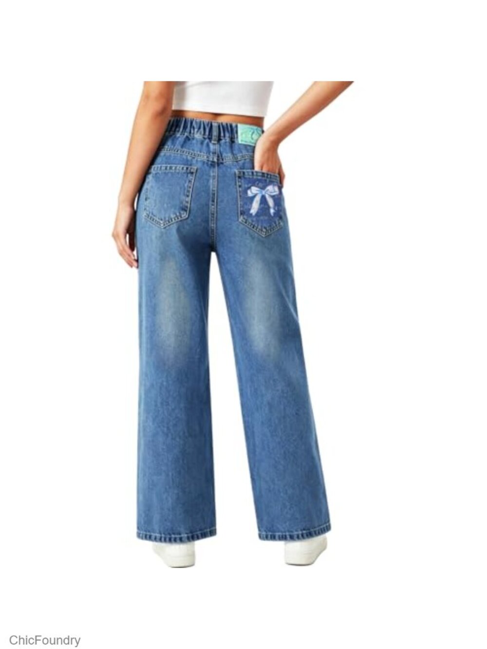 Girls Wide Leg Denim Jeans with Bow Print Back Pockets Elastic Waist Cotton